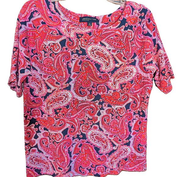 JONES NEW YORK SIGNATURE RED PRINT COTTON TOP SIZE LARGE - Picture 1 of 2